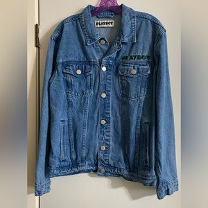 PLAYBOY Classic Blue Denim Jacket no size tab on jacket measurements on pictures